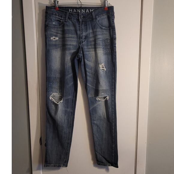 HANNAH Distressed Rhinestone Patch Jeans Sz 6 Mid Rise Straight Leg Blue Denim - Picture 1 of 12